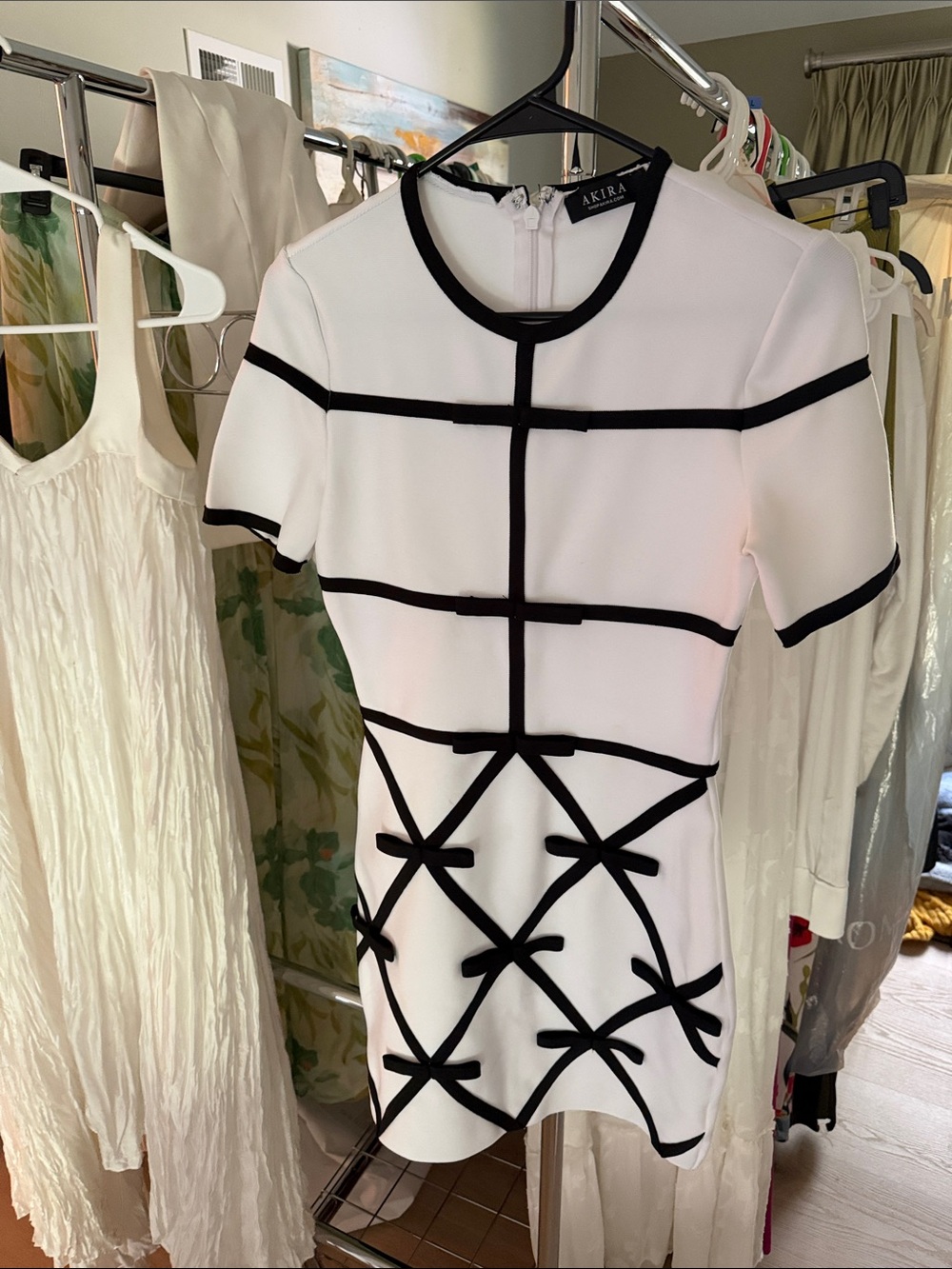 AKIRA White Mini Dress with Black Geometric Trim